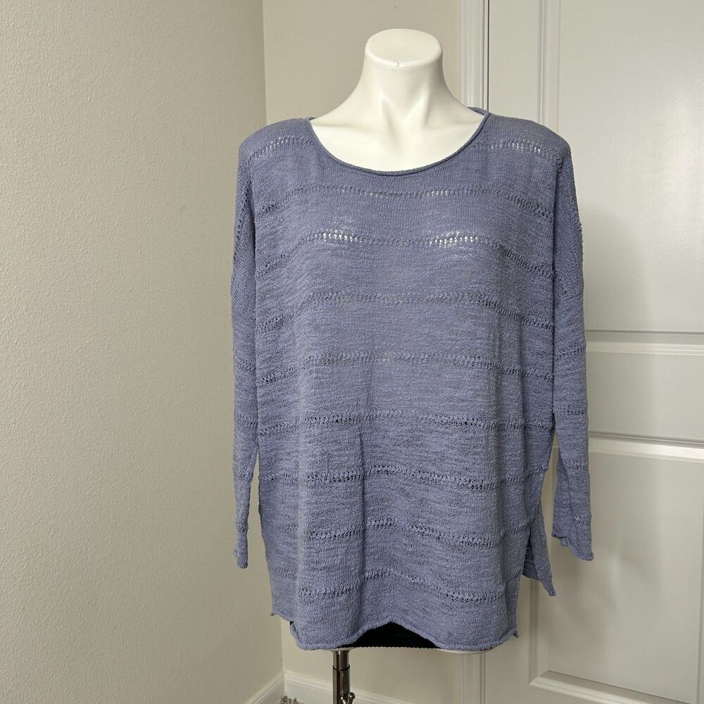 Lou & Grey Open Knit Sweater Blue Medium Pointelle Oversized Beachy Coastal